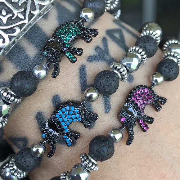 Lava rock black rodhium cz luck elephant bracelet - Picture 4 of 9